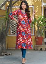 Rayon Maroon Casual Wear Printed Readymade Kurti